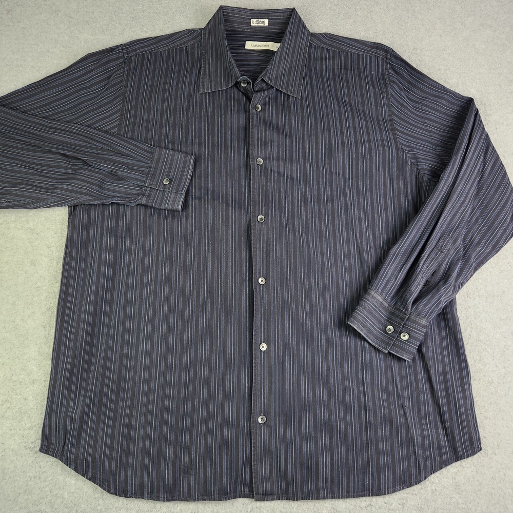 Calvin Klein Shirt Mens XL Black Blue Striped Classic Fit Collared Button Up